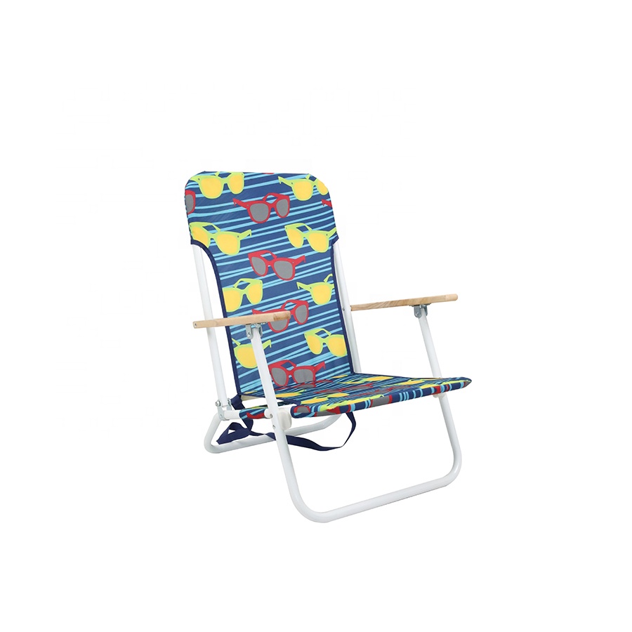 Outdoor Portable Chaise Lounger Folding Beach Chair with Solid Wooden Arms