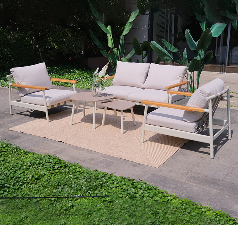 5-Piece Aluminum Frame Outdoor Lounge Sofa Set AF6417 with Olefin Fabric and Dual-Level Tables